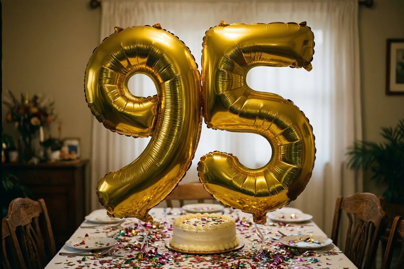 Grote gouden folieballonnen in de vorm van 9 en 5 zweven boven een tafel met confetti en een kleine taart in een warm verlichte eetkamer met houten stoelen en gordijnen.