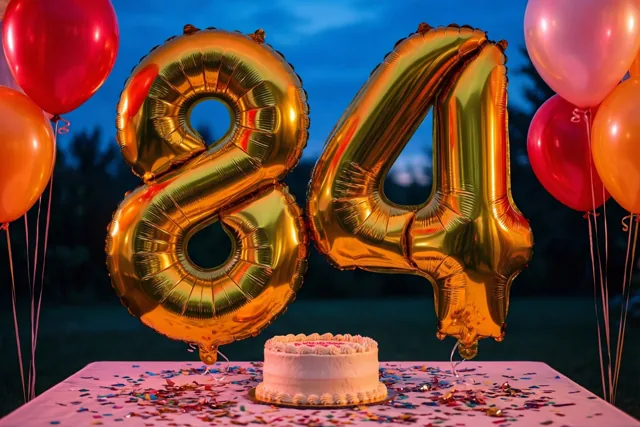 Gouden cijferballonnen 84 zweven buiten boven een tafel met confetti en een kleine taart, met rode en oranje ballonnen in de schemering.