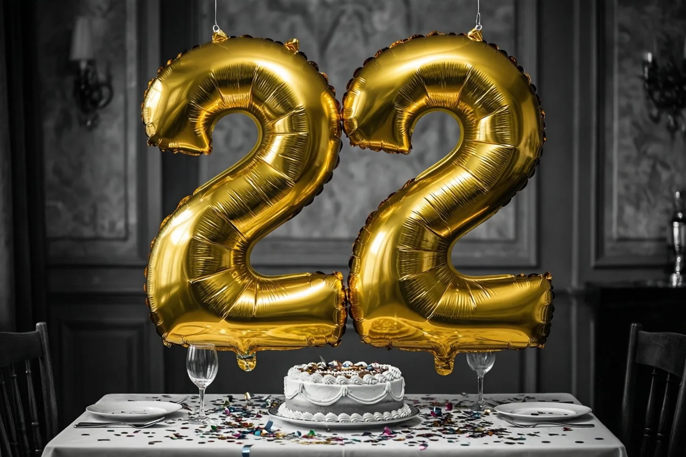 Gouden ballonnen vormen 22 boven een tafel met taart en confetti in een donkere kamer met een zwart-witinterieur.