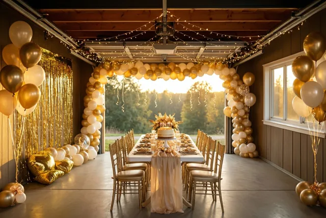 In een garage staat een lange feesttafel met taart onder gouden en witte ballonnenbogen en lichtslingers, met avondzon door de open garagepoort.