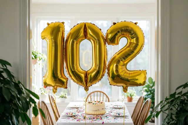 Drie gouden folieballonnen vormen 102 boven een tafel met taart en confetti in een lichte kamer met een raam en groene planten op de achtergrond.