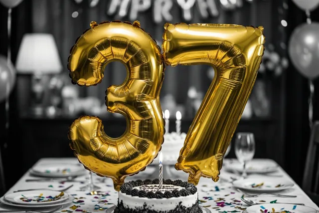 Gouden folieballonnen vormen 37 boven een feesttafel met taart, borden en confetti in een schemerige kamer met een zwart-witte achtergrond.