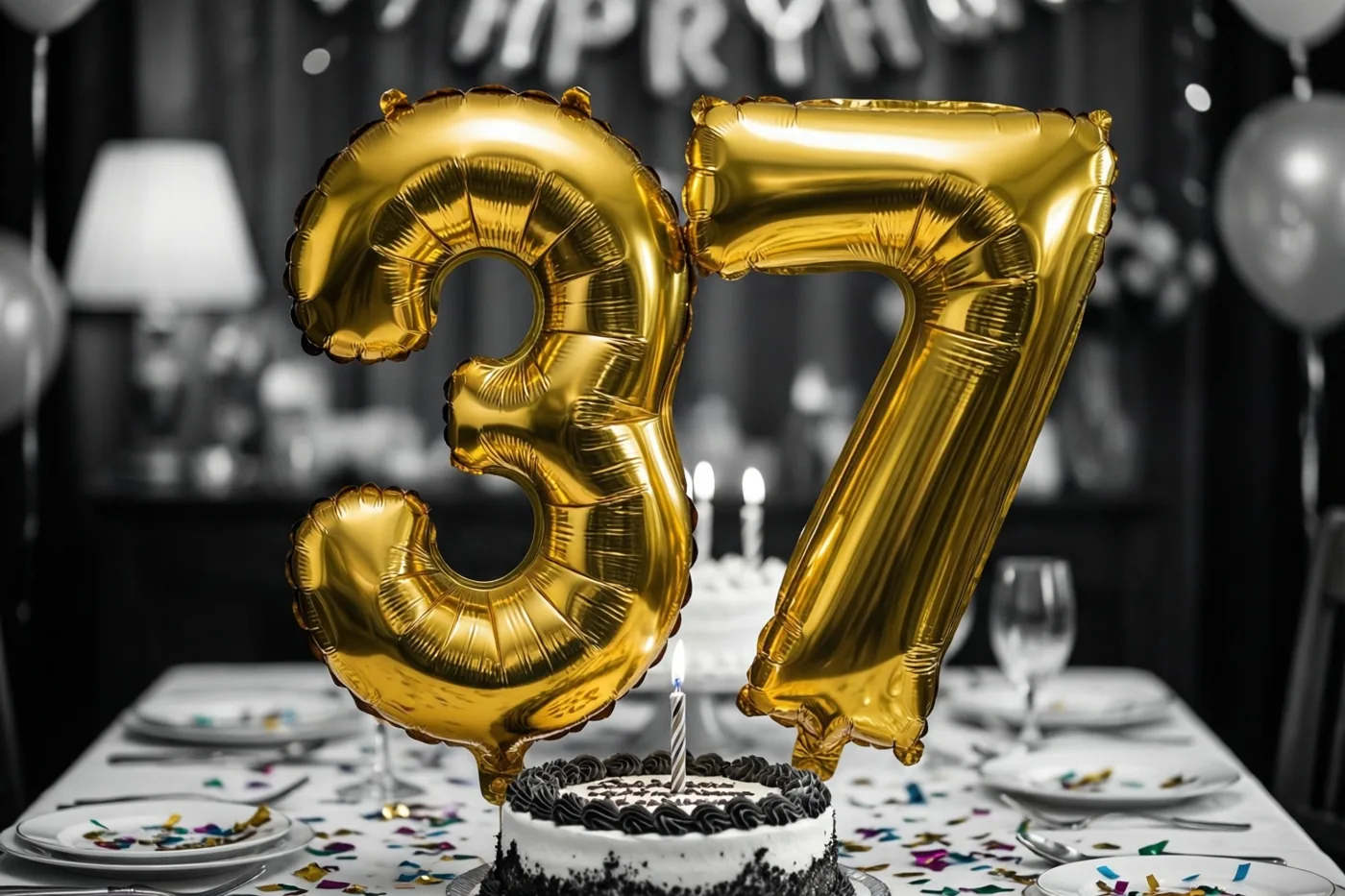 Gouden folieballonnen vormen 37 boven een feesttafel met taart, borden en confetti in een schemerige kamer met een zwart-witte achtergrond.