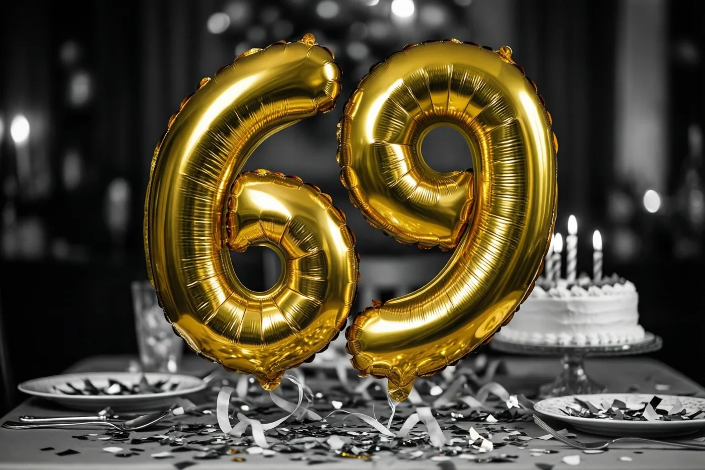 Twee grote glanzende gouden folieballonnen in de vorm van 6 en 9 zweven boven een feesttafel met confetti en een taart op de achtergrond, in warm licht tegen een donkere onscherpe achtergrond.