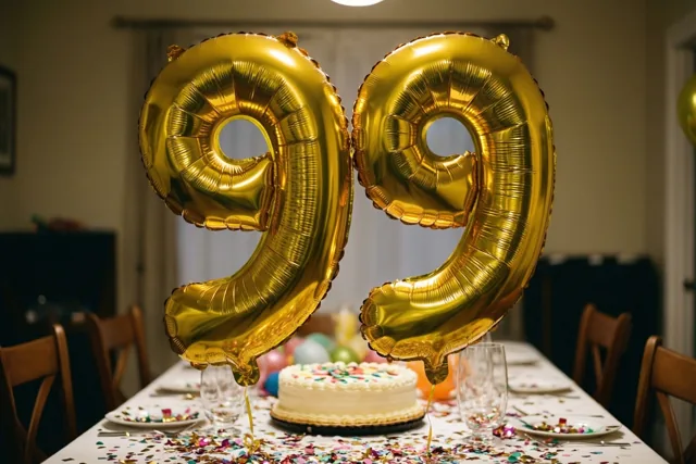 Twee grote gouden folieballonnen vormen 99 boven een witte tafel met confetti en een wit geglazuurde taart in een warm verlichte eetkamer met houten stoelen.