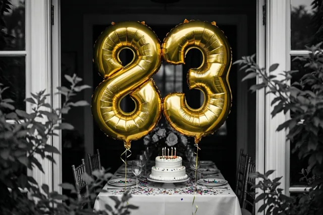Gouden ballonnen vormen 83 boven een feesttafel met een witte taart, confetti en glazen, omlijst door raamstijlen en bladeren tegen een zwart-witte achtergrond.