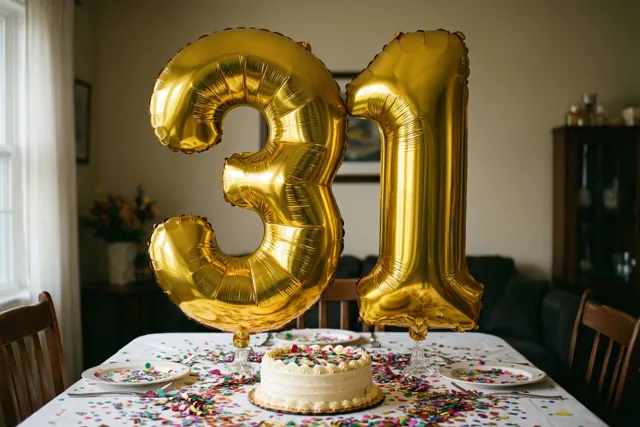 Gouden folieballonnen vormen 31 boven een tafel met kleurrijke confetti en een kleine taart in een warm verlichte eetkamer met houten stoelen en een raam.