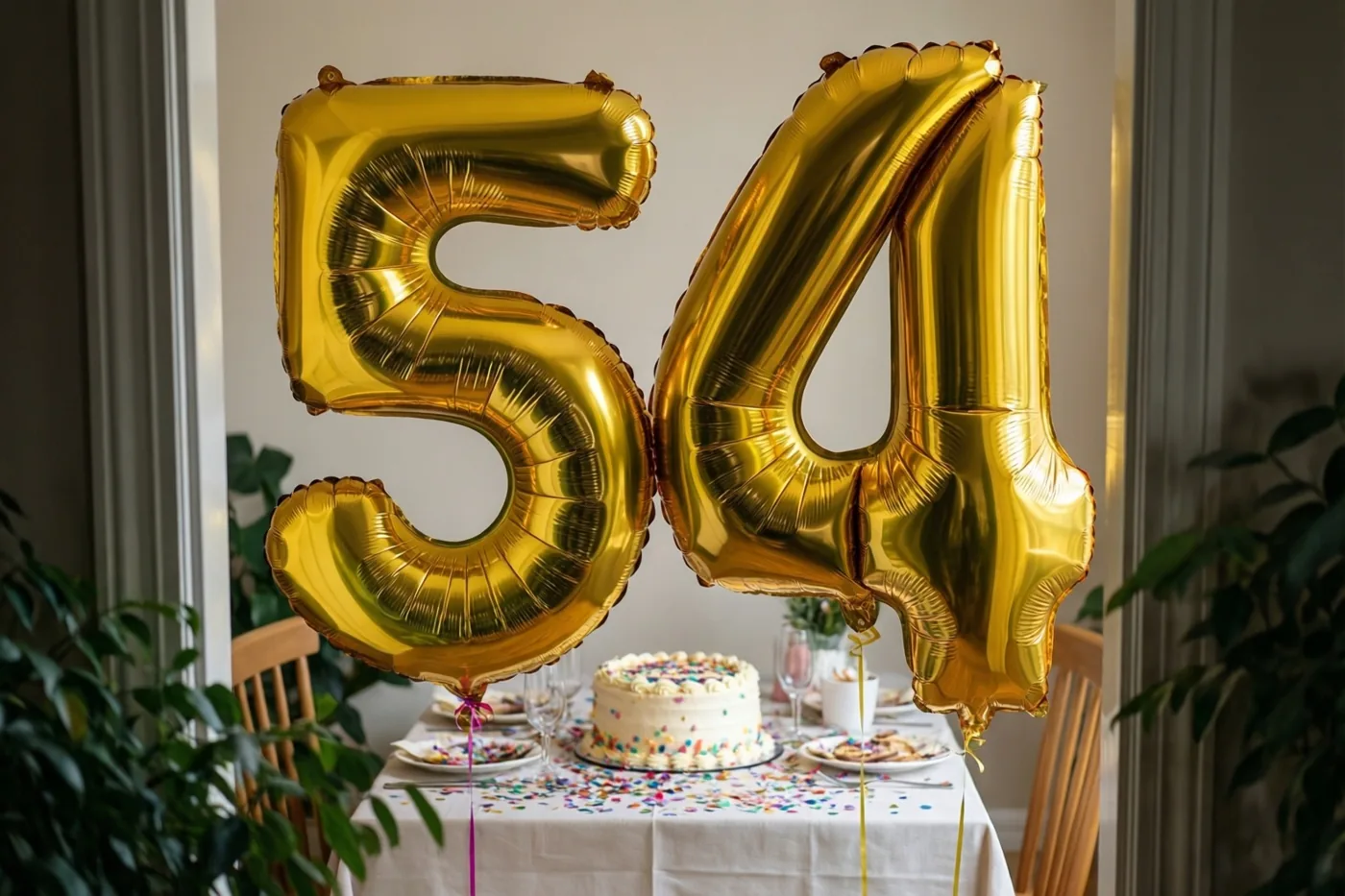 Twee grote gouden folieballonnen in de vorm van 5 en 4 zweven boven een feesttafel met taart en confetti, met groene planten op de achtergrond in daglicht.