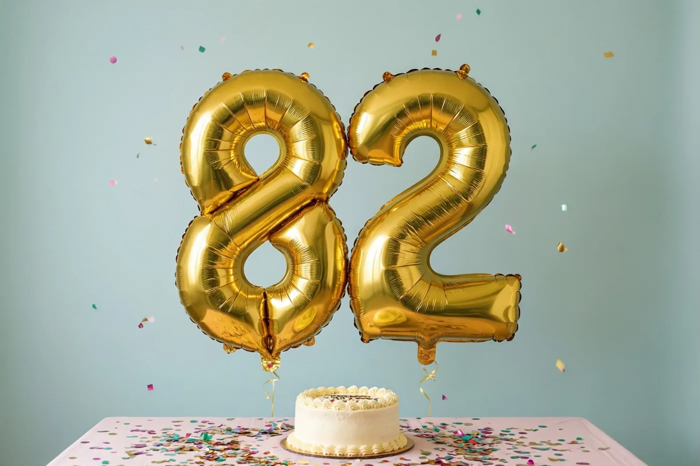 Twee grote gouden folieballonnen in de vorm van 8 en 2 zweven boven een tafel met een witte taart en confetti, terwijl confetti valt tegen een lichtblauwe muur.