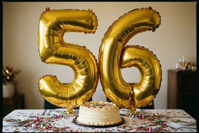 Gouden cijferballonnen vormen 56 boven een tafel met confetti en een witte taart, tegen een effen muur en binnen een donkere beeldrand.