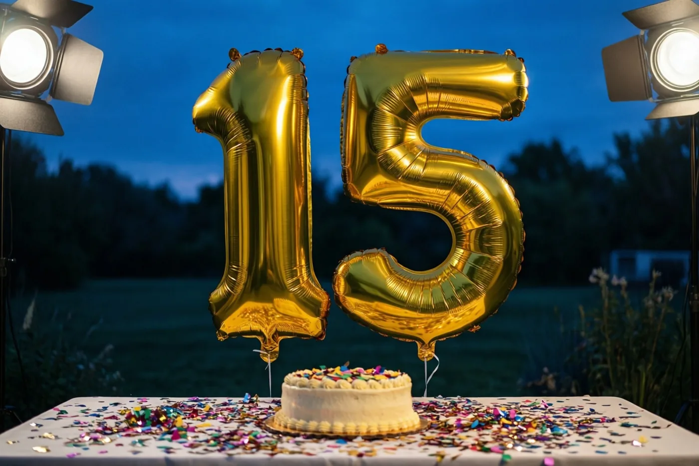 Gouden folieballonnen in de vorm van 1 en 5 hangen boven een tafel met confetti en een kleine taart, buiten bij schemering onder studiolampen.