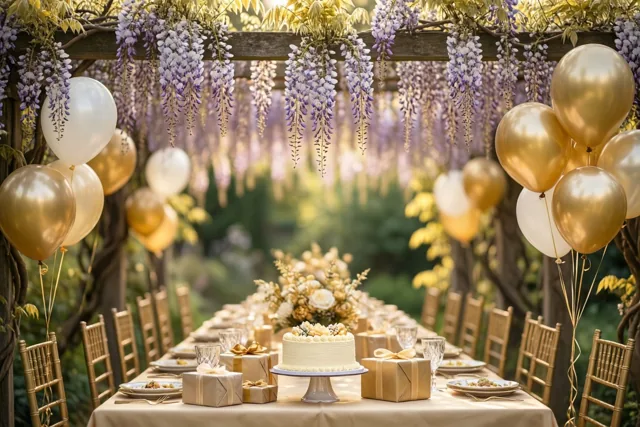 Onder een pergola met blauwe regen staat een lange feesttafel met taart, ingepakte cadeaus, gouden stoelen en gouden en witte ballonnen.