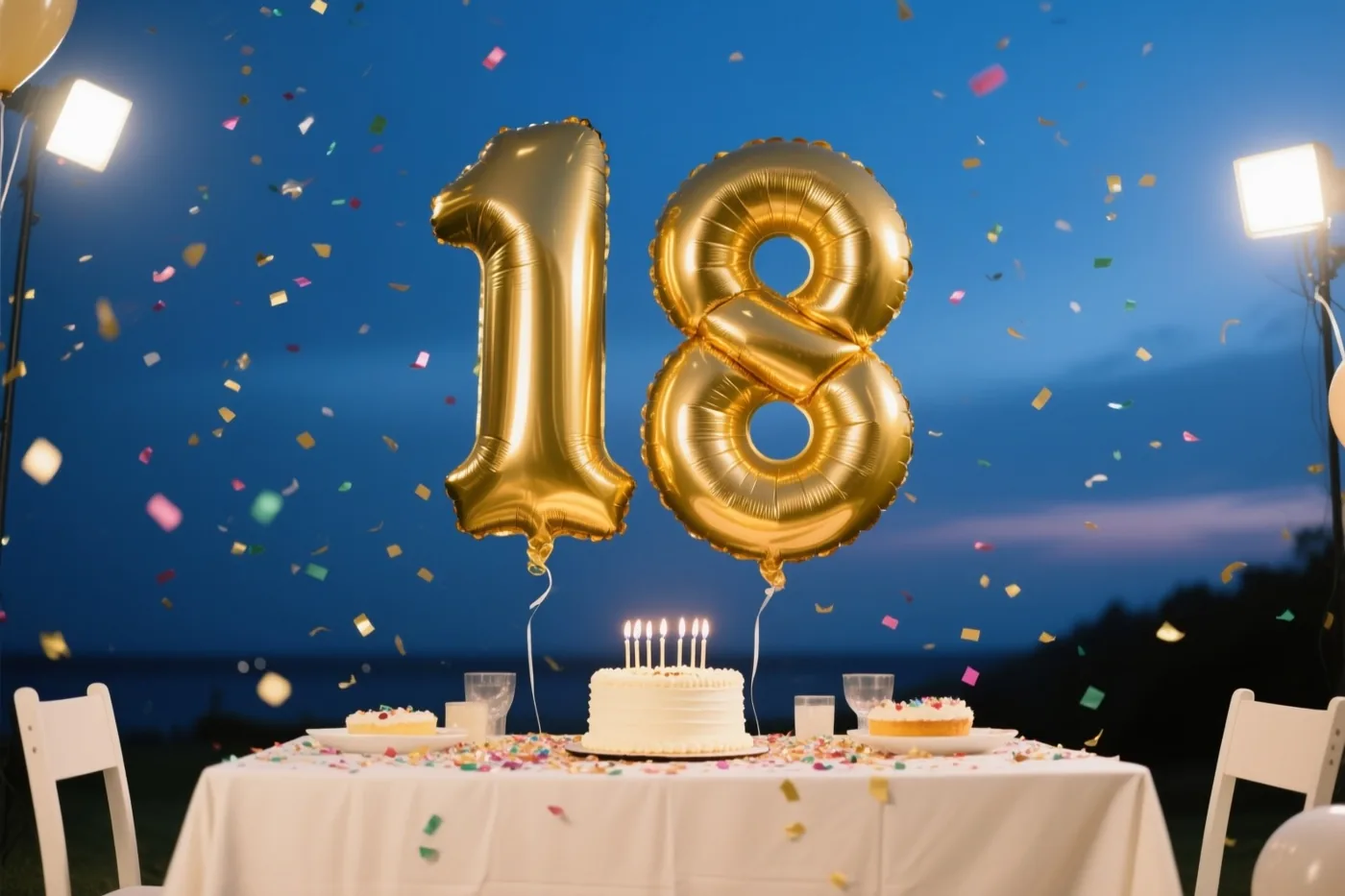 Gouden folieballonnen in de vorm van 18 hangen boven een buitentafel met een taart met brandende kaarsjes en vallende confetti, verlicht door spots onder een schemerlucht.