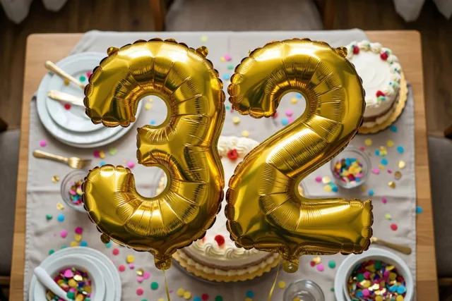Twee grote gouden folieballonnen in de vorm van 3 en 2 zweven boven een feestelijk gedekte tafel met confetti en een taart.