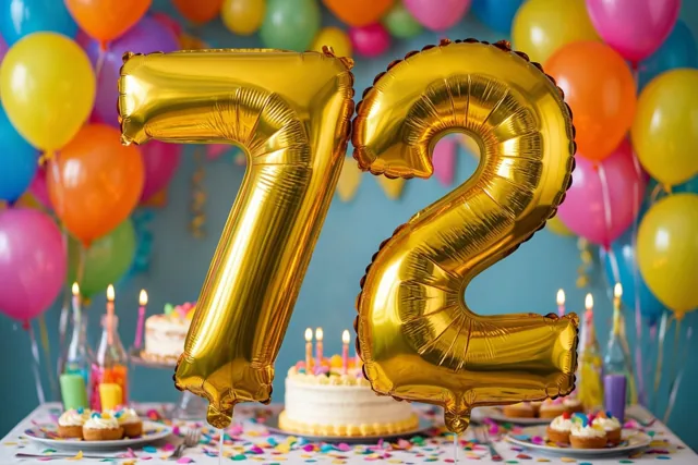 Grote gouden folieballonnen vormen 72 boven een tafel met confetti, taarten en kaarsen, met kleurrijke ballonnen tegen een blauwe muur.