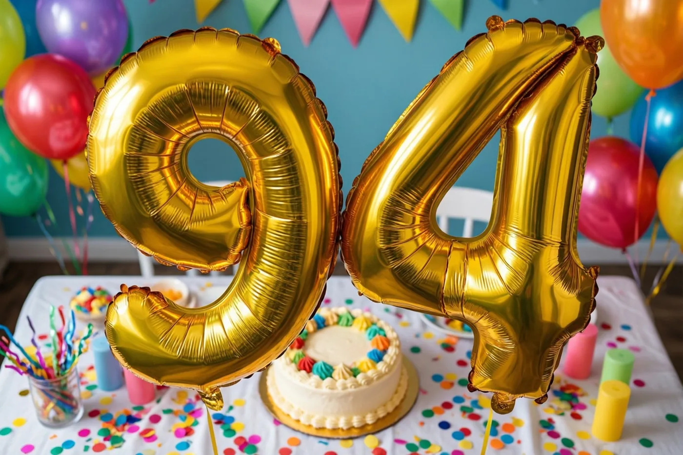 Grote gouden cijferballonnen vormen 94 boven een tafel met confetti en een kleine taart, met een blauwe muur, kleurrijke ballonnen en vlaggetjes op de achtergrond.