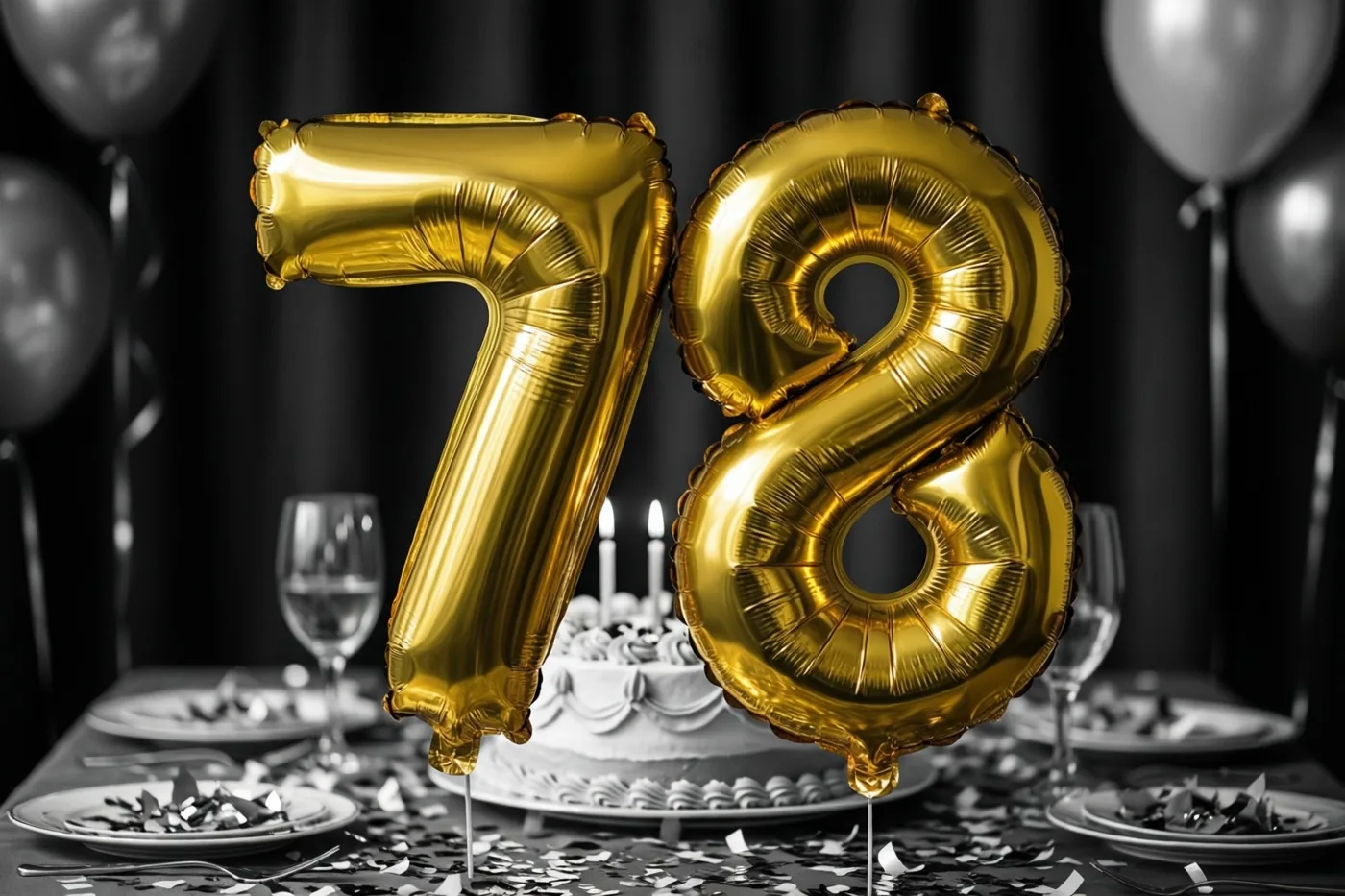 Grote glanzende gouden folieballonnen vormen 78 boven een feesttafel met taart, glazen en confetti tegen een donkere achtergrond.