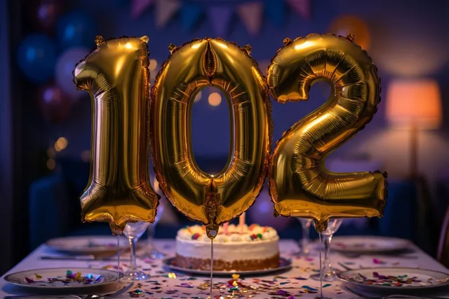 Drie glanzende gouden folieballonnen vormen 102 boven een feestelijk gedekte tafel met confetti en een taart, tegen een donkere, onscherpe achtergrond.