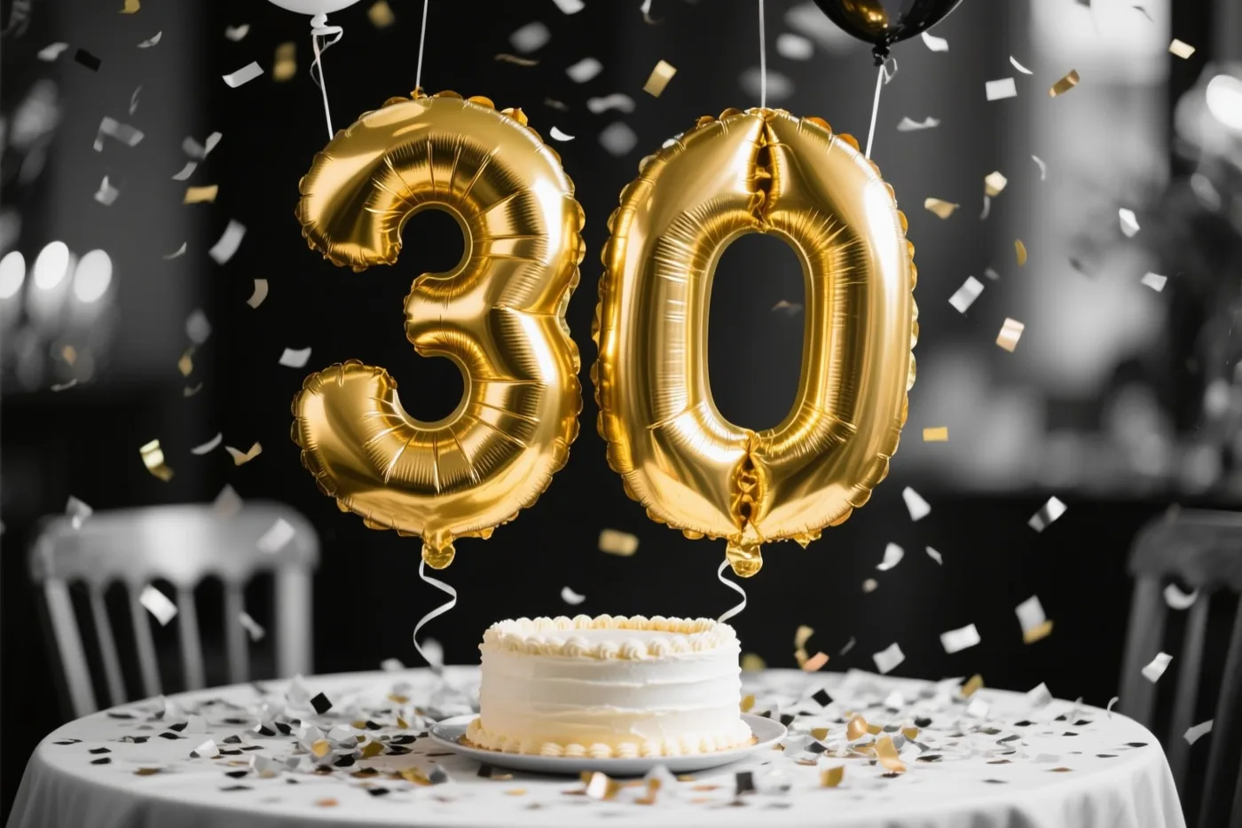 Grote gouden folieballonnen vormen 30 boven een witte taart op een tafel met zwarte en gouden confetti tegen een donkere achtergrond.