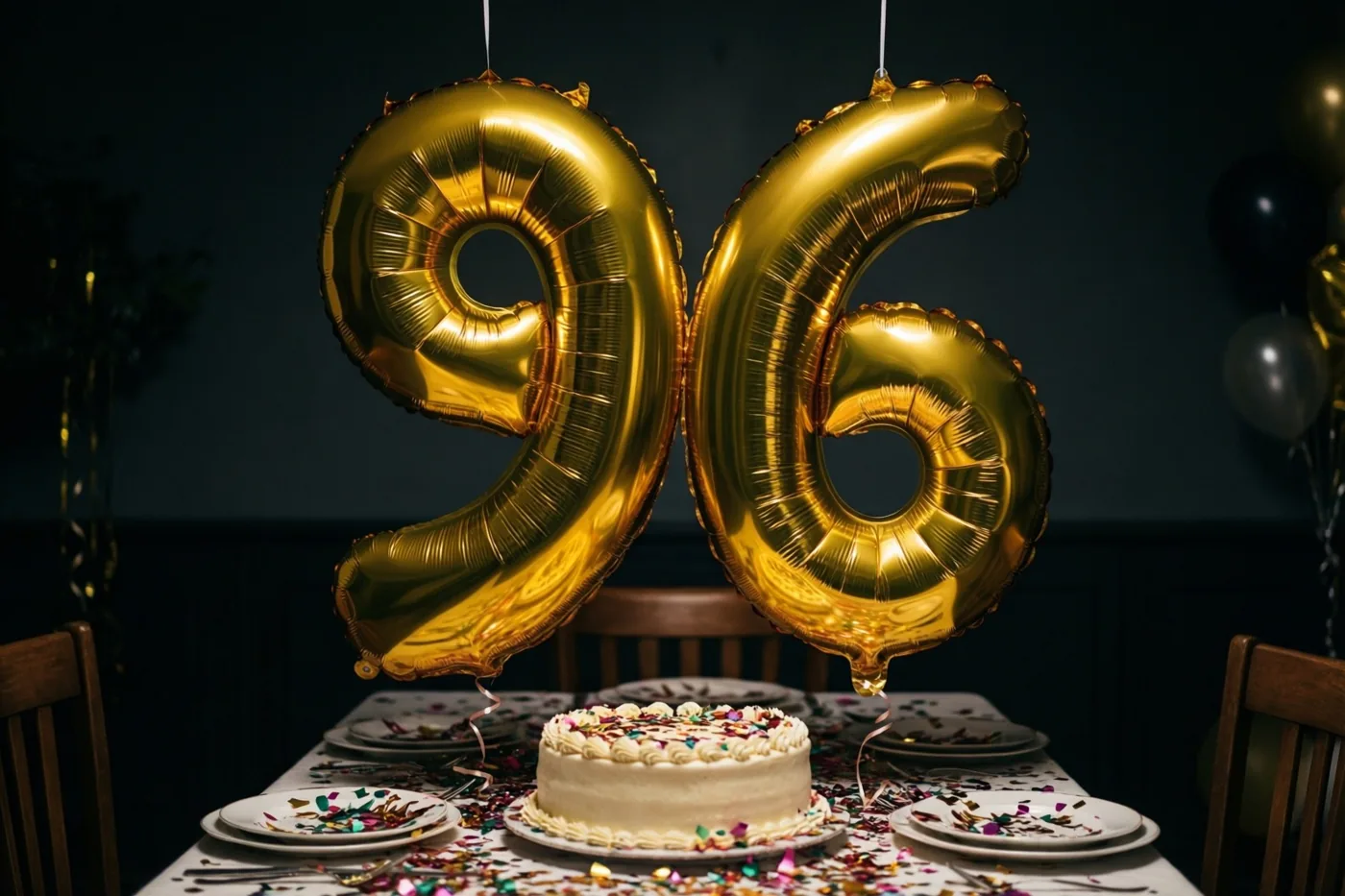 Goudkleurige folieballonnen vormen 96 boven een tafel met taart en confetti in een schaars verlichte ruimte met donkere muren.