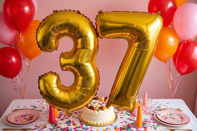 Gouden folieballonnen vormen 37 boven een tafel met confetti en een kleine taart, tegen een roze achtergrond met rode, oranje en roze ballonnen.