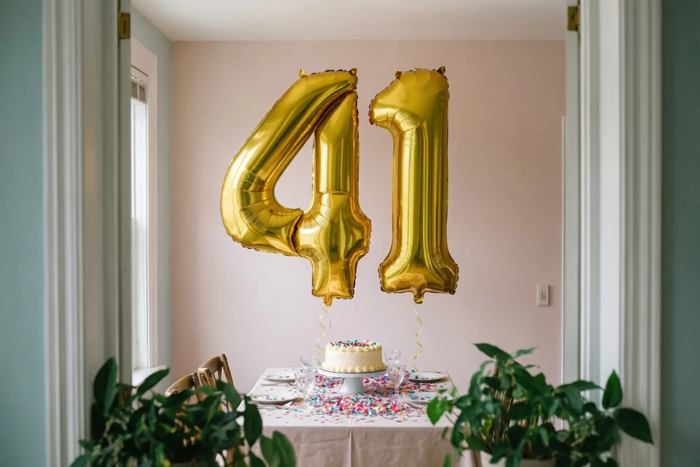 Gouden folieballonnen vormen 41 boven een tafel met taart, borden, glazen en kleurrijke confetti in een kamer met roze muren en groene planten.