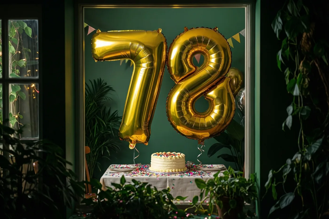 Gouden folieballonnen vormen 78 boven een tafel met confetti en een kleine taart, in een kamer met groene muren, planten, een raam en vlaggetjes.