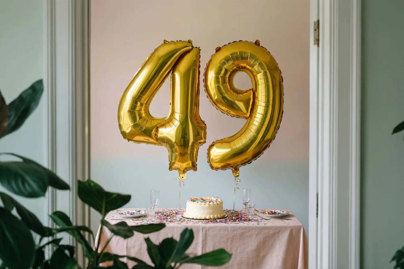 Grote gouden folieballonnen 49 zweven boven een roze gedekte tafel met confetti en een kleine taart, met groene planten op de voorgrond.