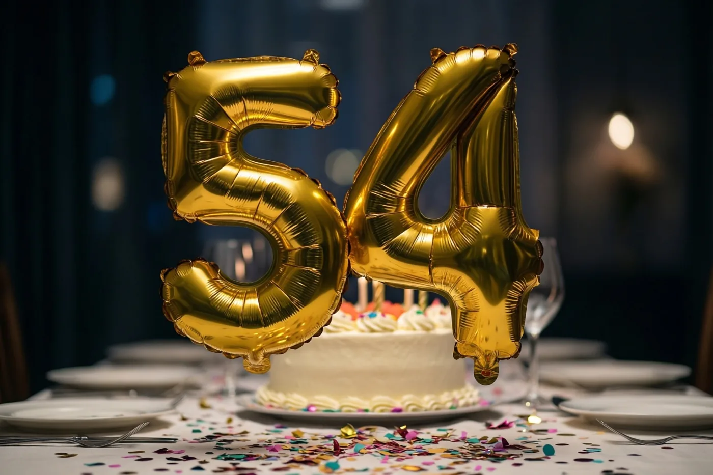 Grote gouden folieballonnen vormen 54 boven een tafel met kleurrijke confetti en een witte taart in een schemerige kamer met een donkerblauw gordijn.