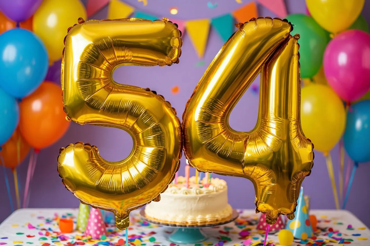 Grote gouden folieballonnen vormen 54 boven een tafel met gekleurde confetti en een kleine taart, met veelkleurige ballonnen en een driehoekige feestbanier tegen een paarse muur.