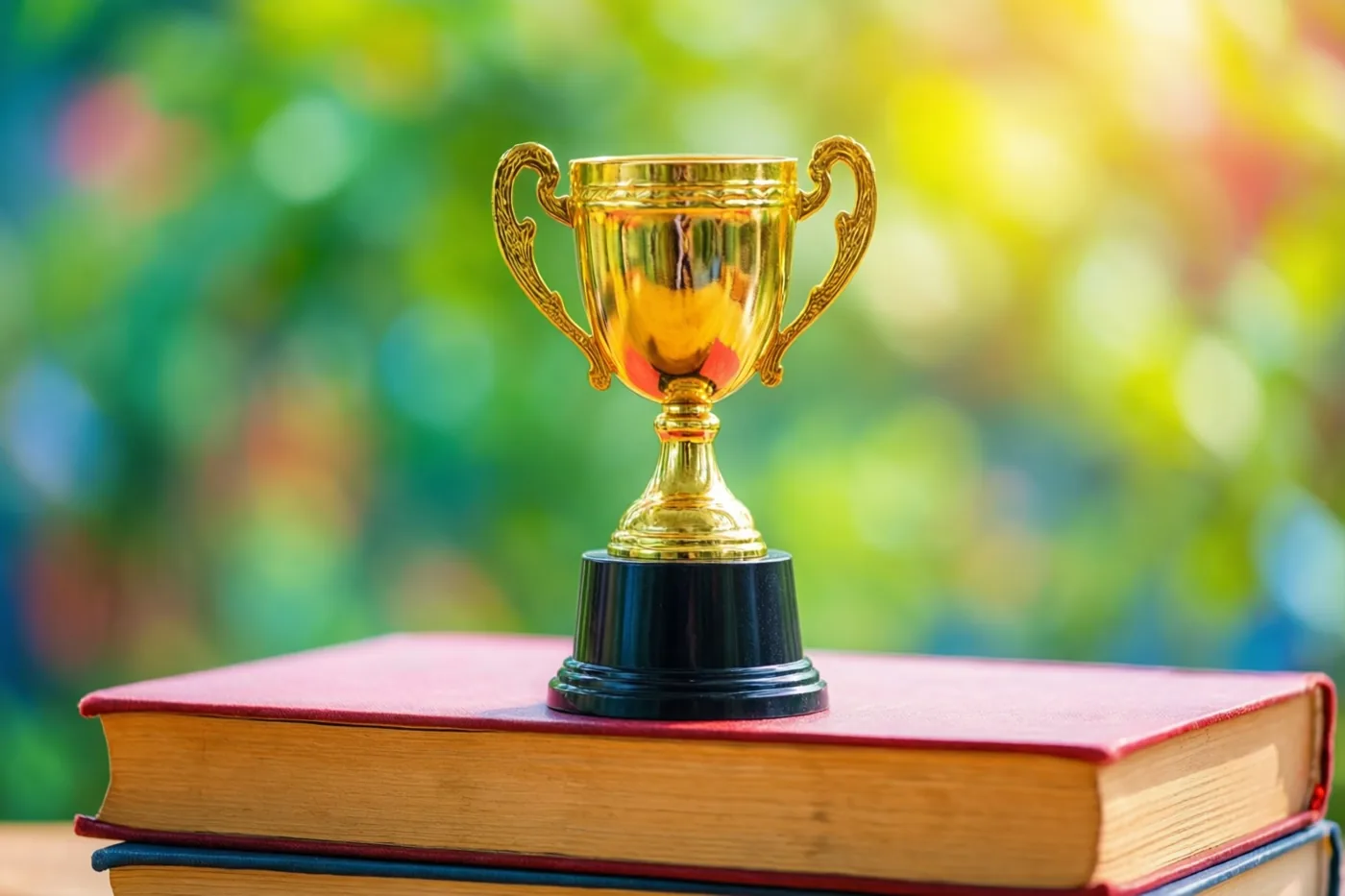 Een kleine gouden beker met sierlijke handvatten staat op een stapel boeken met onder meer een rode en een blauwe kaft, tegen een onscherpe groene en gele achtergrond.