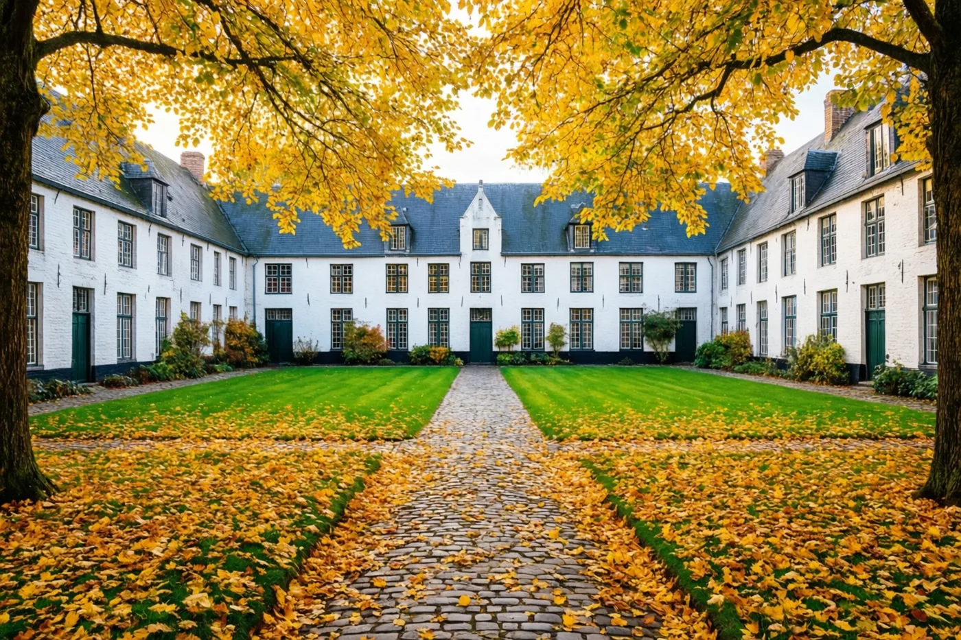 Een binnenplein met witgekalkte huizen, donkere daken, een kasseipad en groen gras vol gouden bladeren ligt onder bomen met felgeel gebladerte.