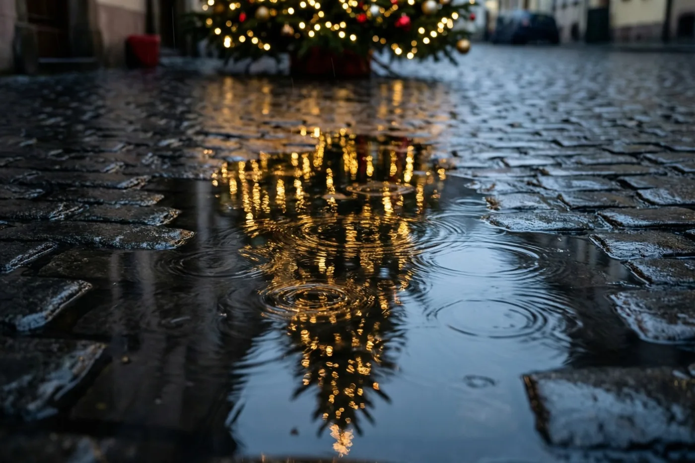 Een regenplas op donkere kasseien weerspiegelt een wazige kerstboom met gouden lichtjes, waarvan de warme gloed afsteekt tegen de koele natte stenen.