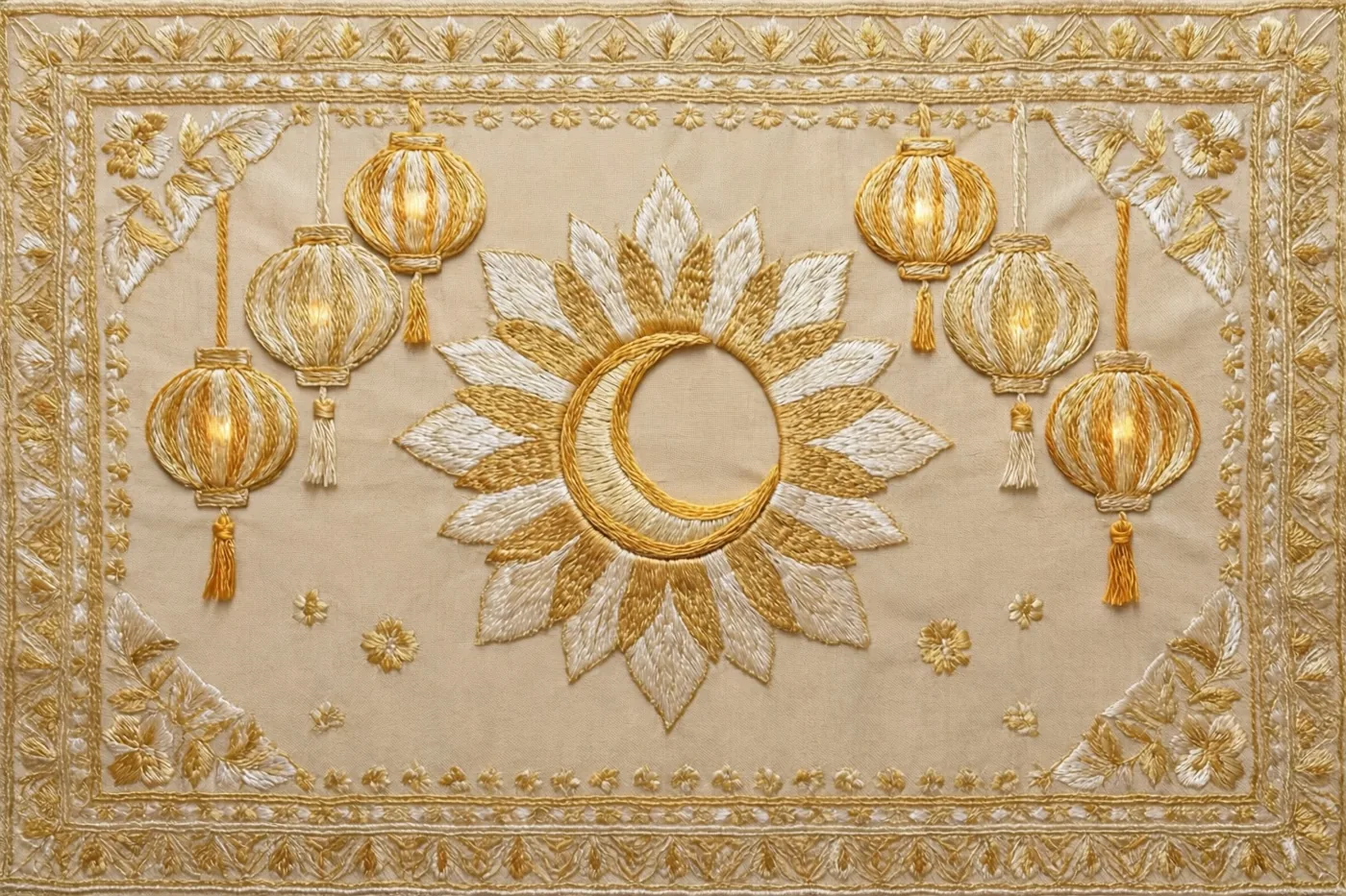 Een beige tafelkleed heeft een geborduurde maansikkel met hangende lantaarns eromheen, omlijst door sierlijk goudkleurig borduurwerk.