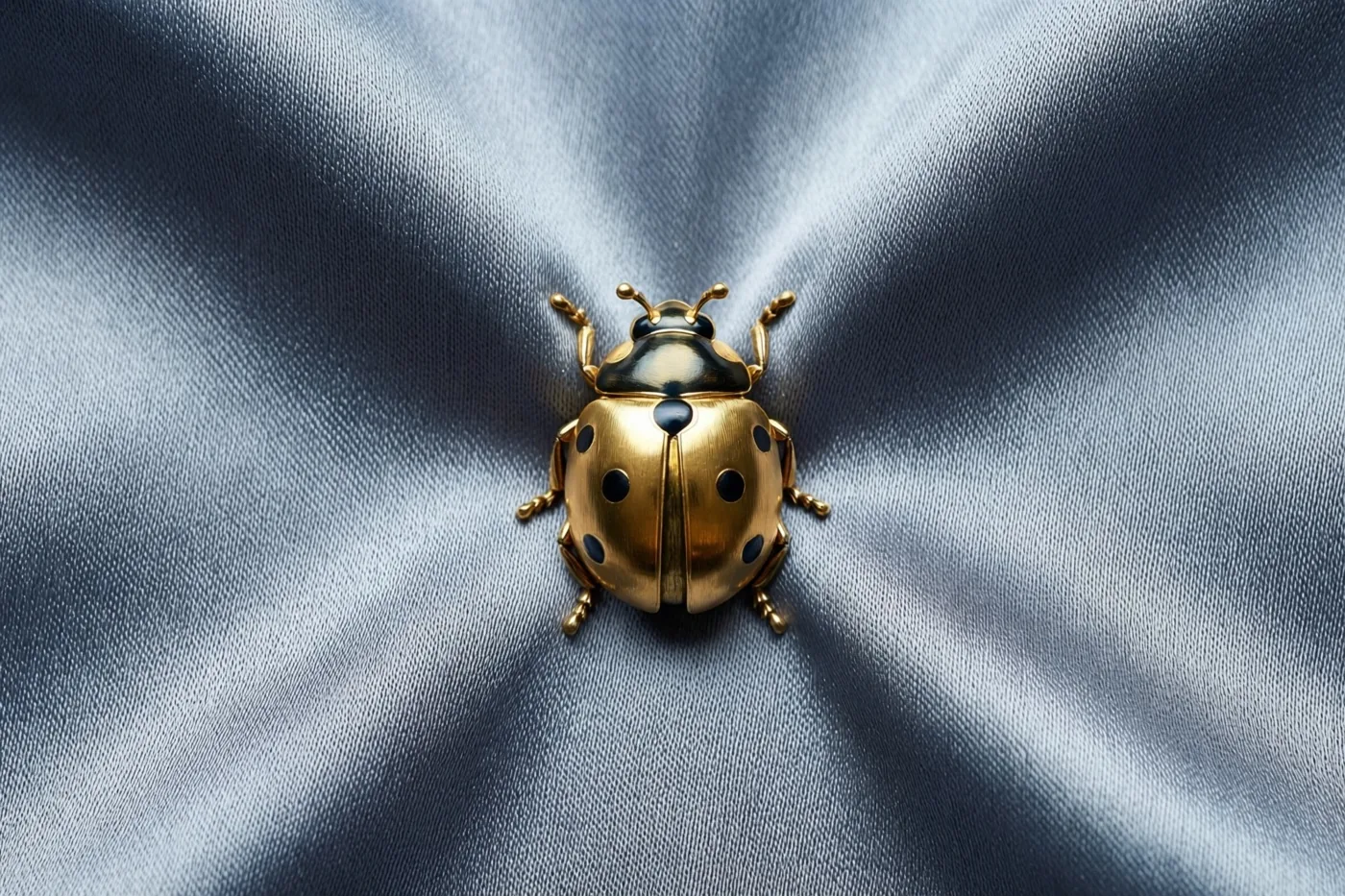 Een gouden broche in de vorm van een lieveheersbeestje met zwarte stippen ligt in zacht licht op grijze zijde met structuur.