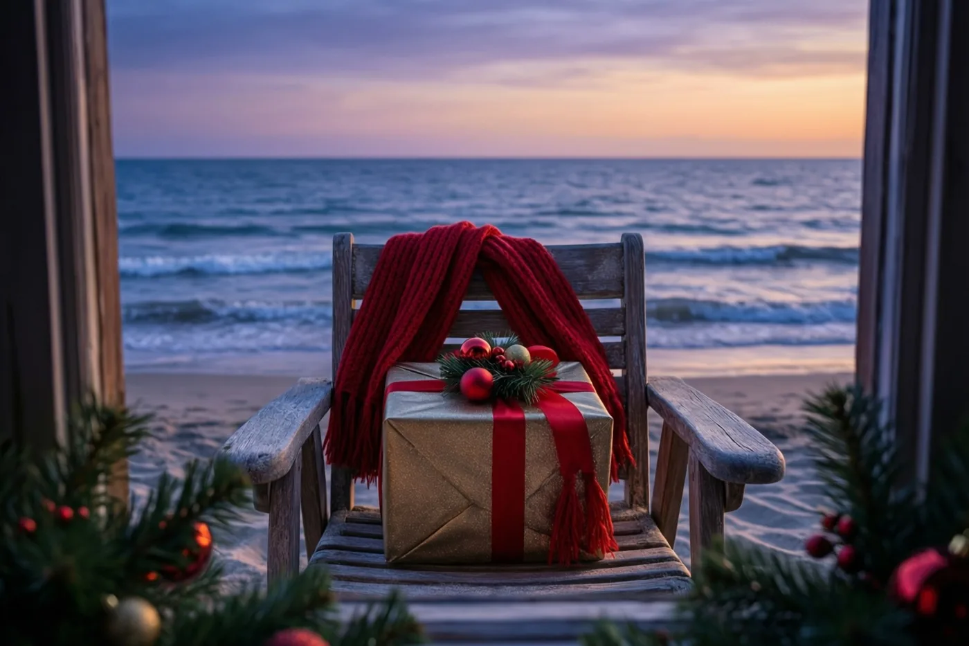 Een goudkleurig ingepakt kerstcadeau met een rood lint en een rode sjaal liggen op een verweerde houten strandstoel bij zee, omlijst door dennentakken met rode bessen onder een paars-oranje avondlucht.