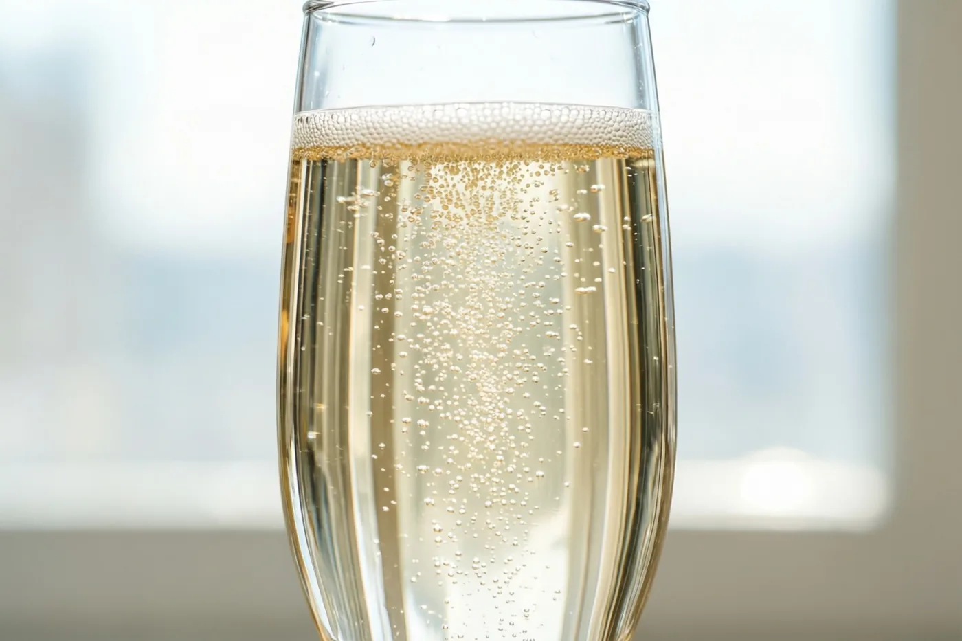 Een hoog glas goudkleurige champagne met fijne belletjes staat voor een lichte, wazige achtergrond.