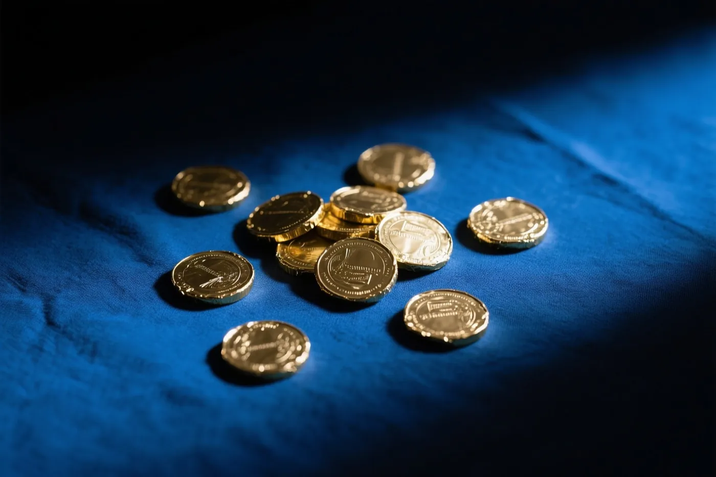 Chocolademunten in goudfolie liggen verspreid op een blauwe doek met zichtbare structuur, met sterke lichtcontrasten.