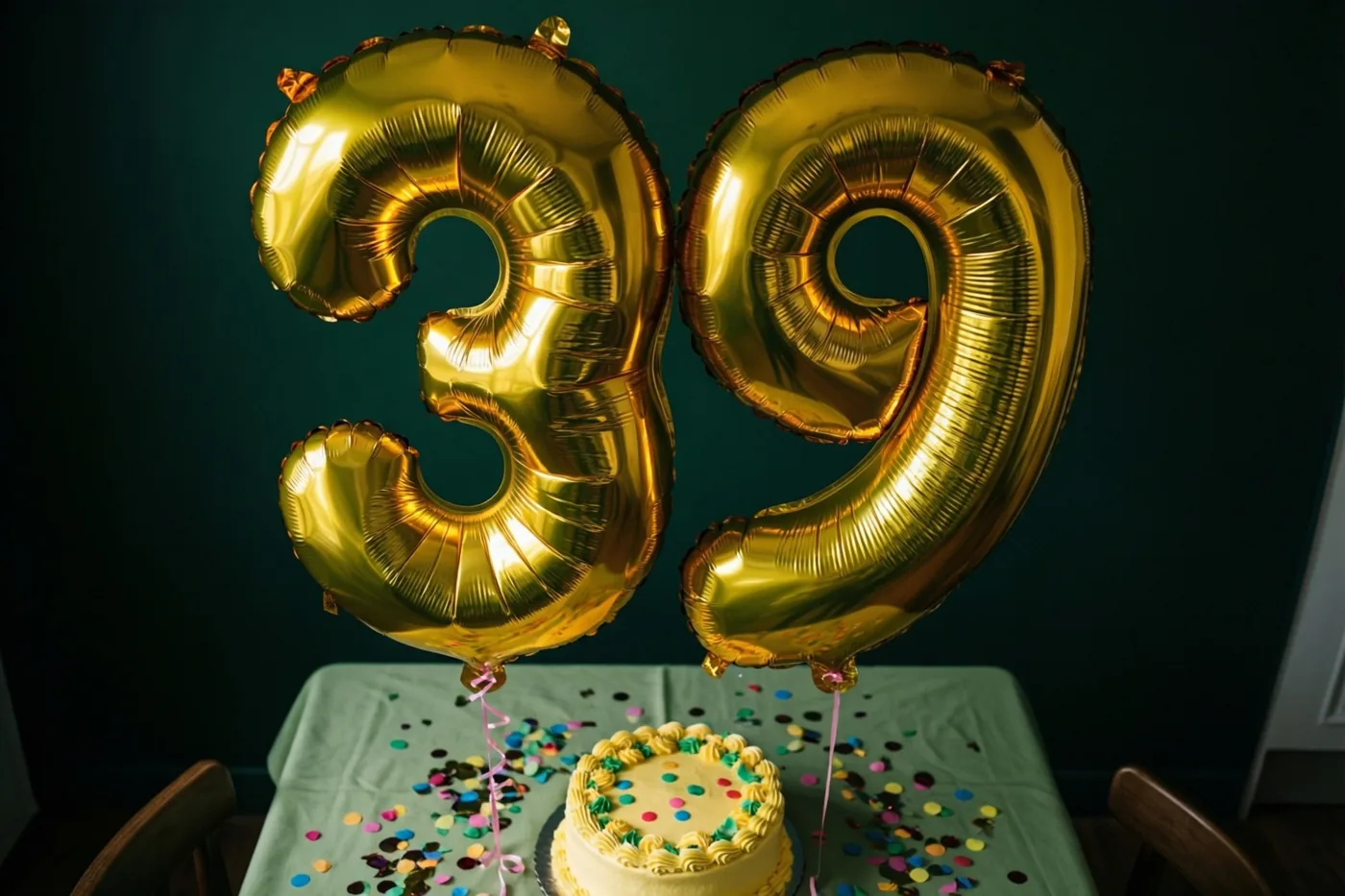 Gouden cijferballonnen vormen 39 boven een tafel met een kleine taart en confetti, met een donkerblauwgroene muur en houten stoelen erachter.
