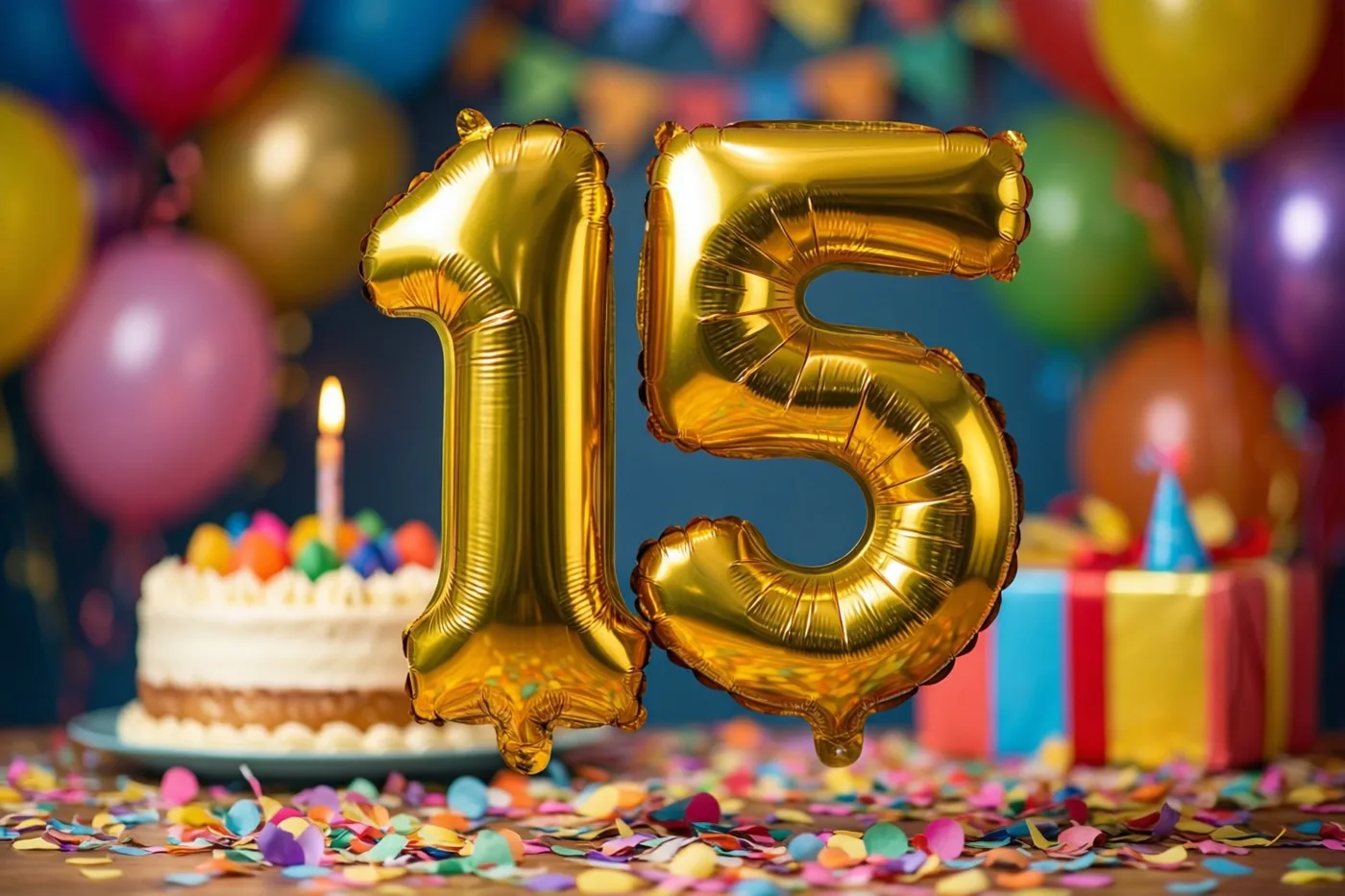 Grote gouden folieballonnen vormen 15 boven een tafel met kleurrijke confetti, met achteraan een taart met één brandende kaars, ballonnen en cadeaus.