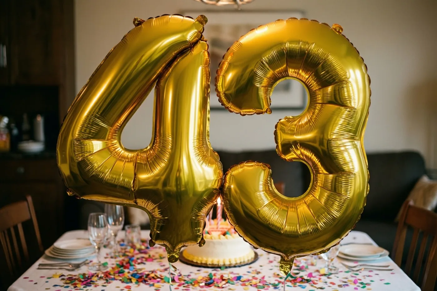 Twee grote gouden folieballonnen vormen 43 boven een feestelijk gedekte tafel met kleurrijke confetti en een verjaardagstaart in warm licht.