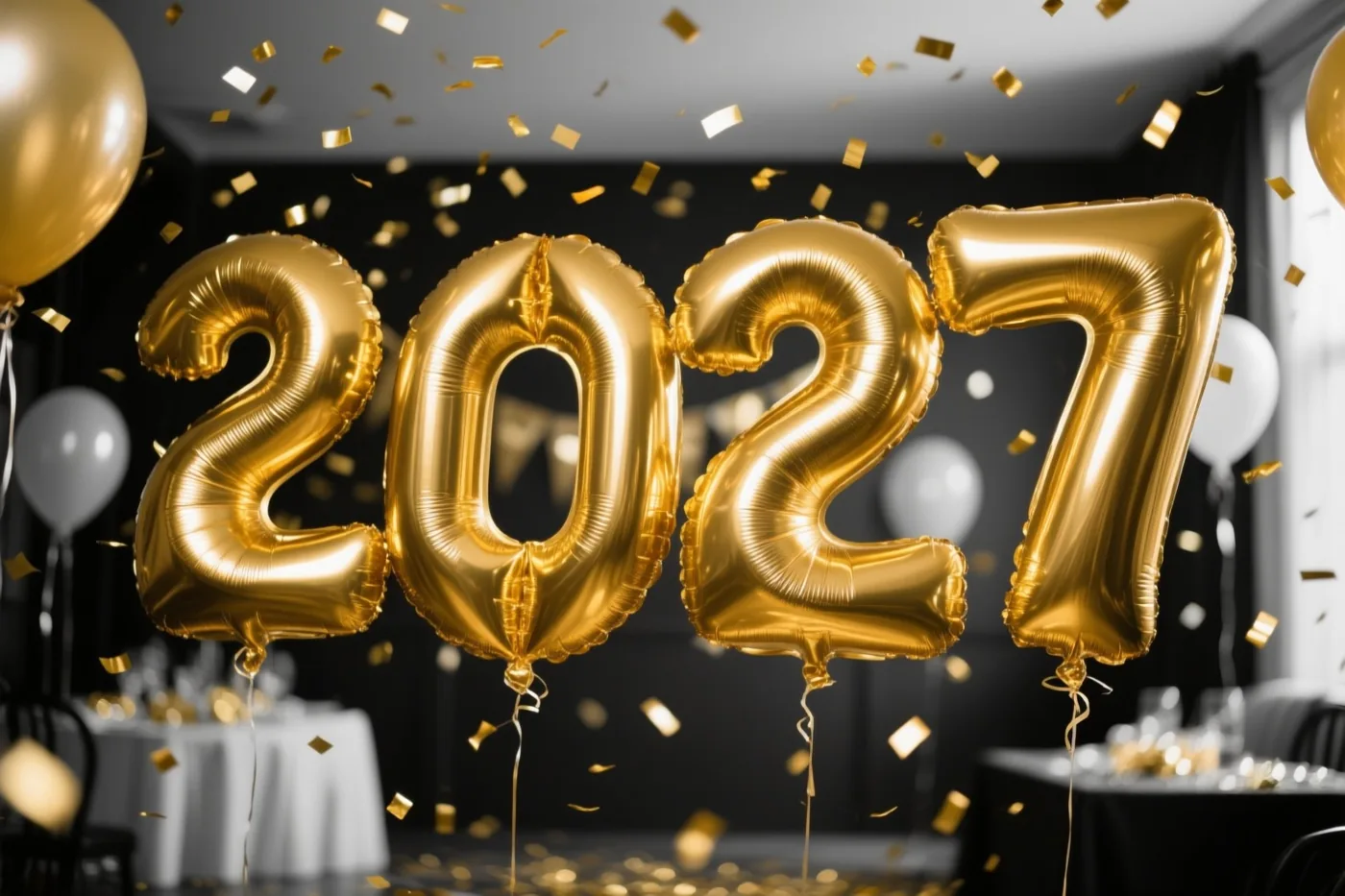 Grote gouden folieballonnen vormen 2027 in een feestruimte met gouden confetti, witte tafels en witte ballonnen tegen een donkere achtergrond.