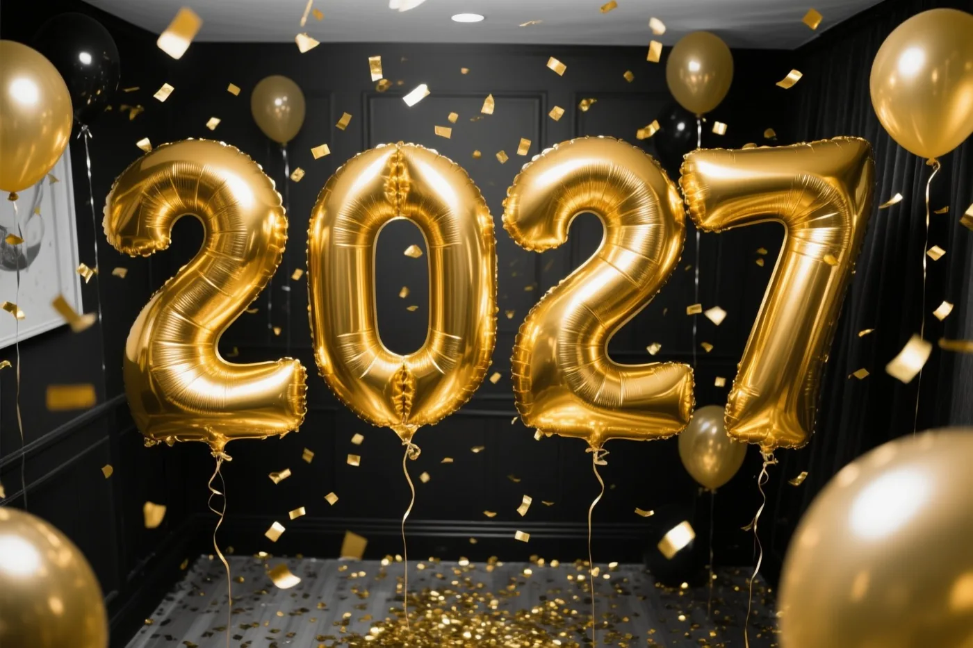 Grote gouden folieballonnen vormen 2027 in een donkere kamer met zwarte muren en gouden confetti op de vloer.