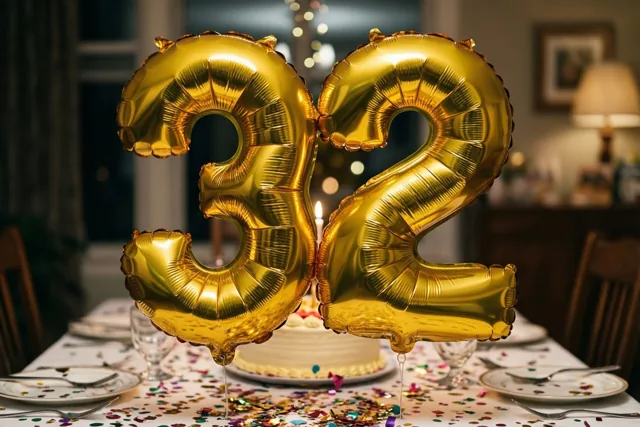 Gouden folieballonnen in de vorm van 32 zweven boven een warm verlichte feesttafel met kleurrijke confetti en een taart.