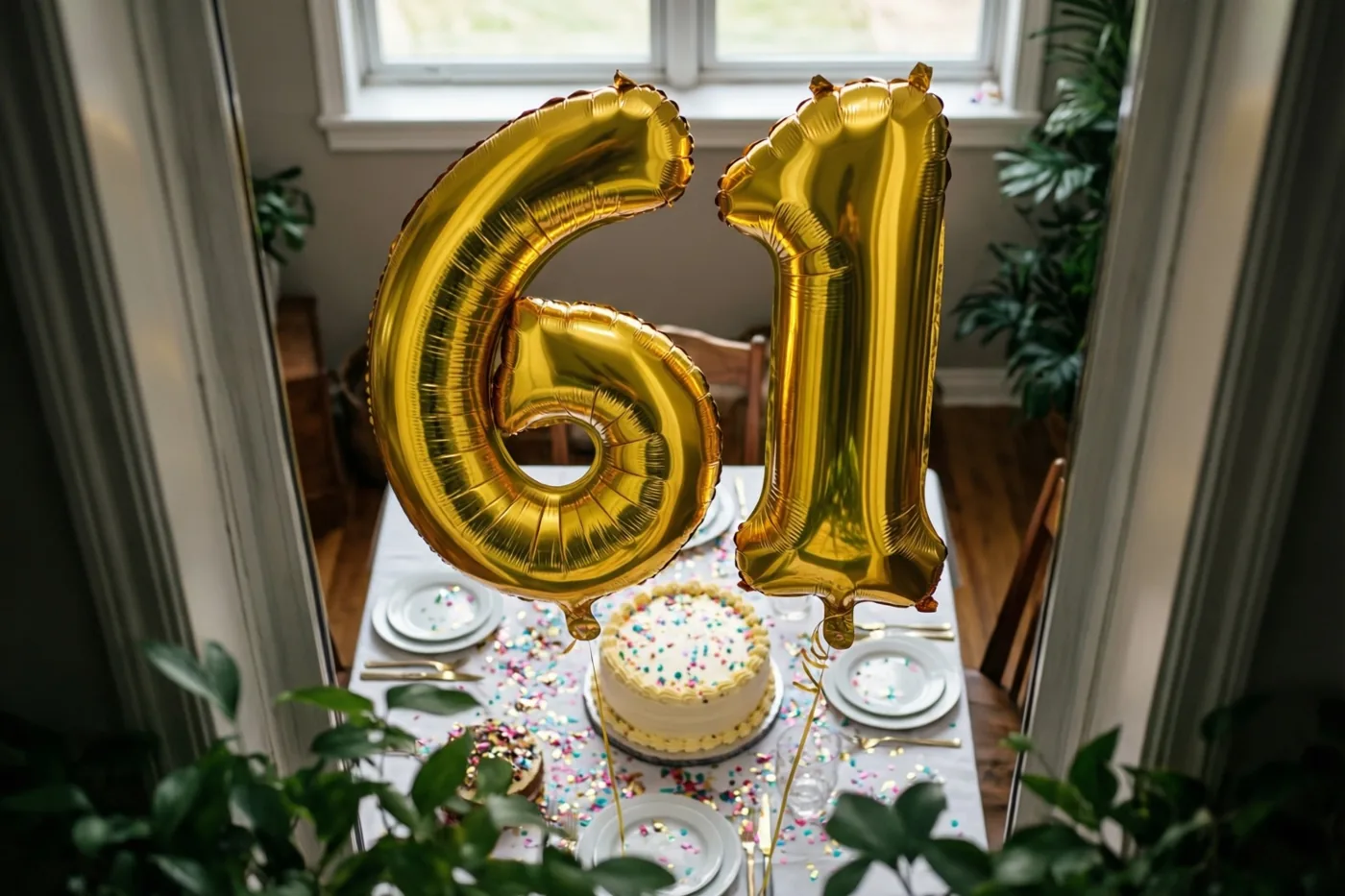 Door een deuropening zijn gouden cijferballonnen 61 te zien boven een feestelijk gedekte tafel met taart en confetti in een warm verlichte kamer met groene planten.