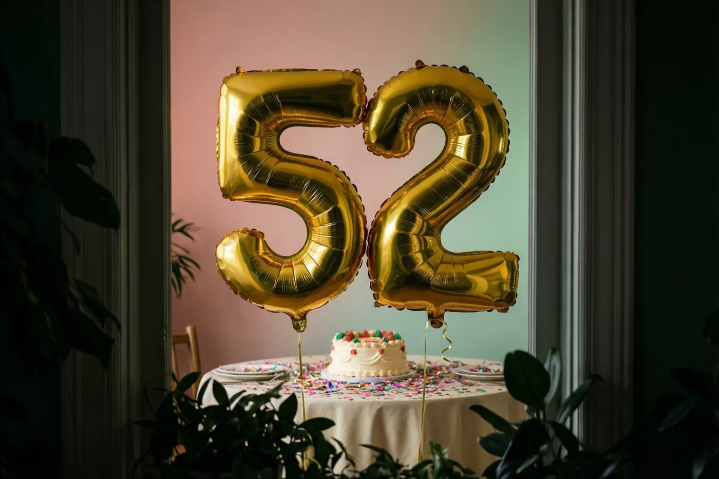 Gouden folieballonnen vormen 52 boven een tafel met confetti en een kleine taart, met groene planten op de voorgrond in een zacht verlichte kamer.