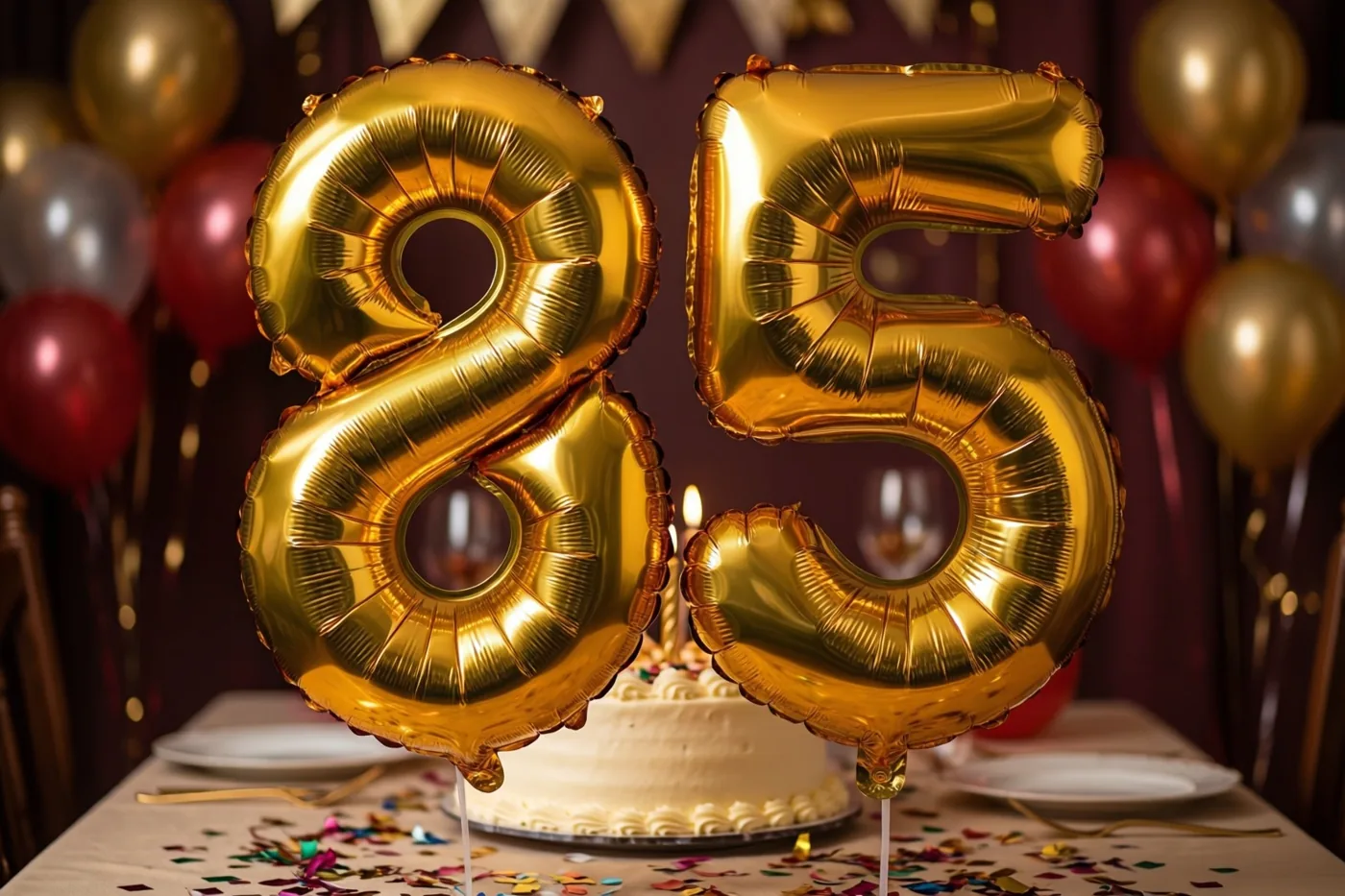 Grote glanzende gouden folieballonnen vormen 85 boven een tafel met taart en confetti, tegen een donkere achtergrond met meer ballonnen.