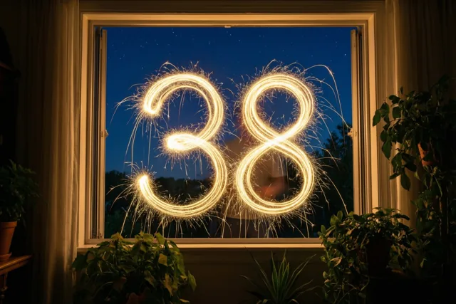 Door een raam met gordijnen en kamerplanten zie je 38 in gouden lichtsporen tegen een sterrenhemel, met warm licht binnen.