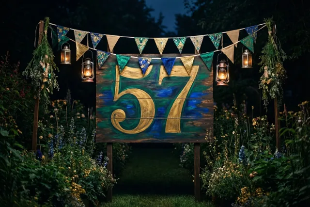 Een houten bord met een gouden 57 op een blauwe en groene achtergrond staat 's nachts in een tuin met vlaggetjes en hangende lantaarns tussen bloemen.