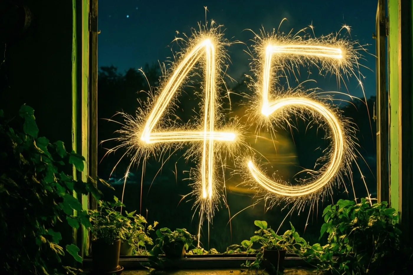 Door een open raam met een groen kader is 45 in gouden lichtsporen te zien tegen de nachtlucht, met kamerplanten rondom.
